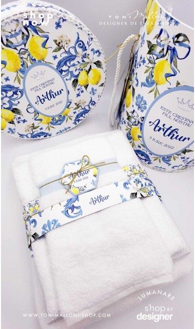 Trusou botez mediteranean inspiratie italia Capri Sorrento cu lamai si faianta alb cu albastru Italian Boy 8